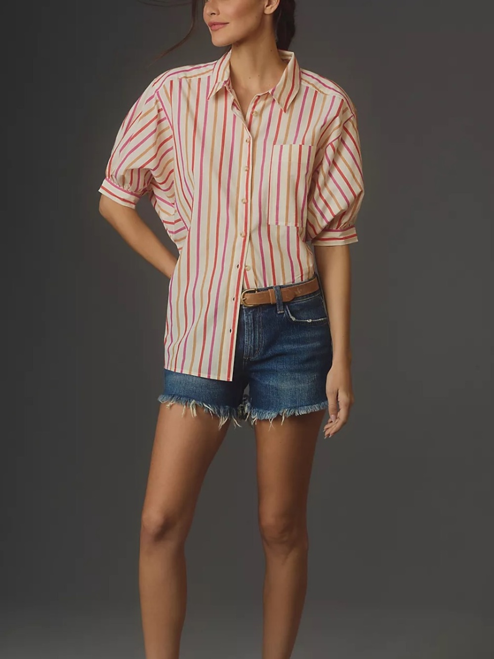 EUC ANTHROPOLOGIE PIlcro Brand Orange|Tan Painter Stripped Poplin Shirt - Picture 2 of 12